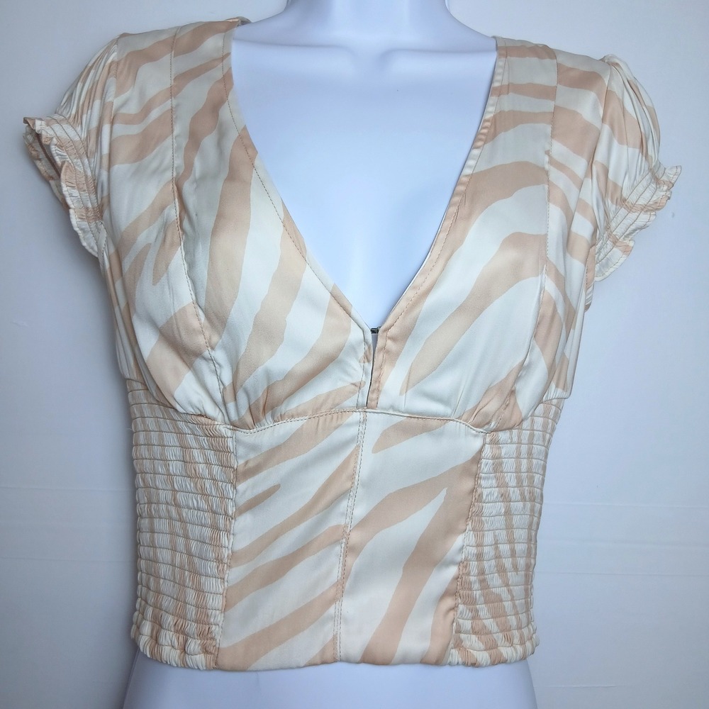 Free People XS Cream Tan Zebra Smocked Crop Top Boho Romantic Ruffle V Neck Y2K